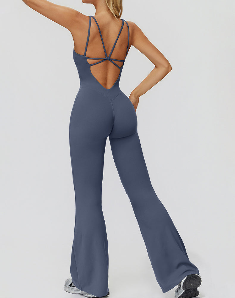 Cross Back One Piece Jumpsuit Yoga Flare Leg Rompers
