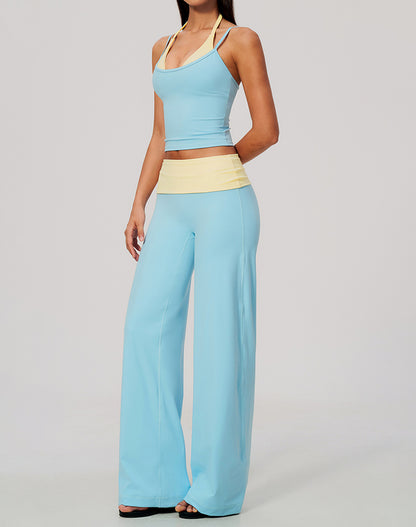 2 Piece Color Block Tank Top and Fold Over Flare Pant Sets