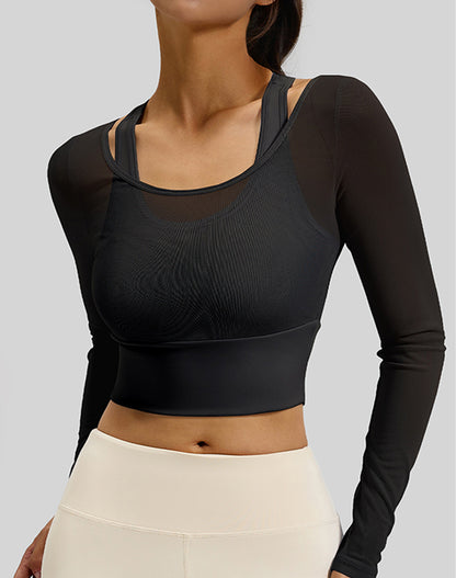 Long Sleeve Yoga Crop Tops Mesh Athletic T-Shirts