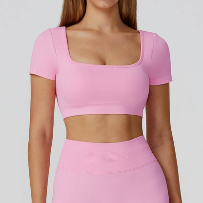 Short Sleeve Crop Top Yoga T-Shirt with Built in Bra