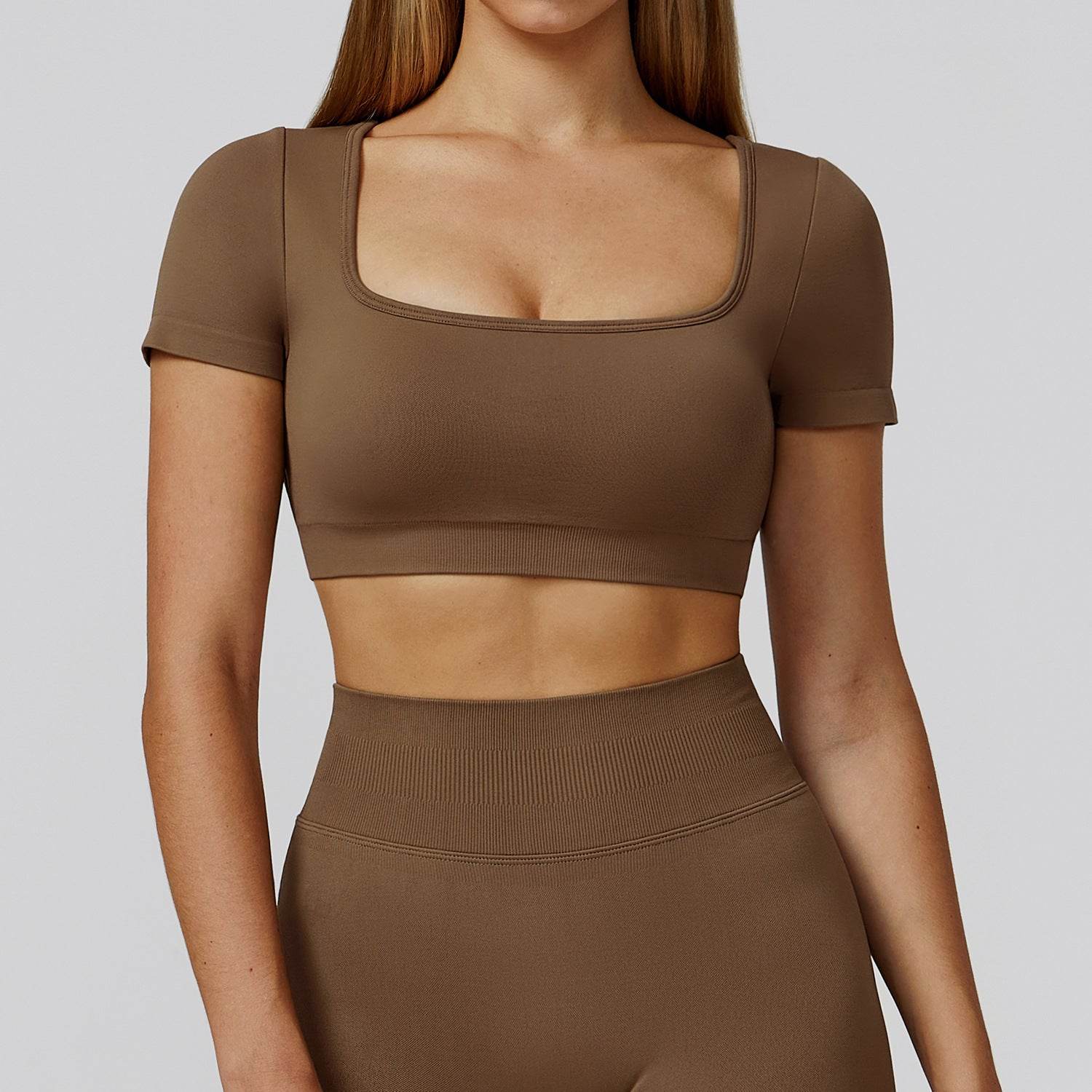 Short Sleeve Crop Top Yoga T-Shirt with Built in Bra