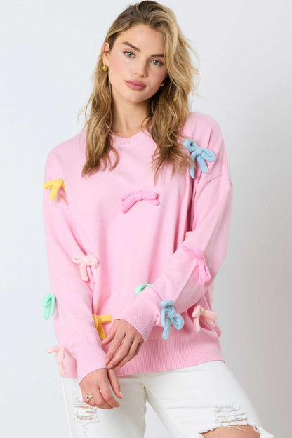 Cute Colorful Bow Long Sleeve Crew Sweater | Perfect for Everyday Wear