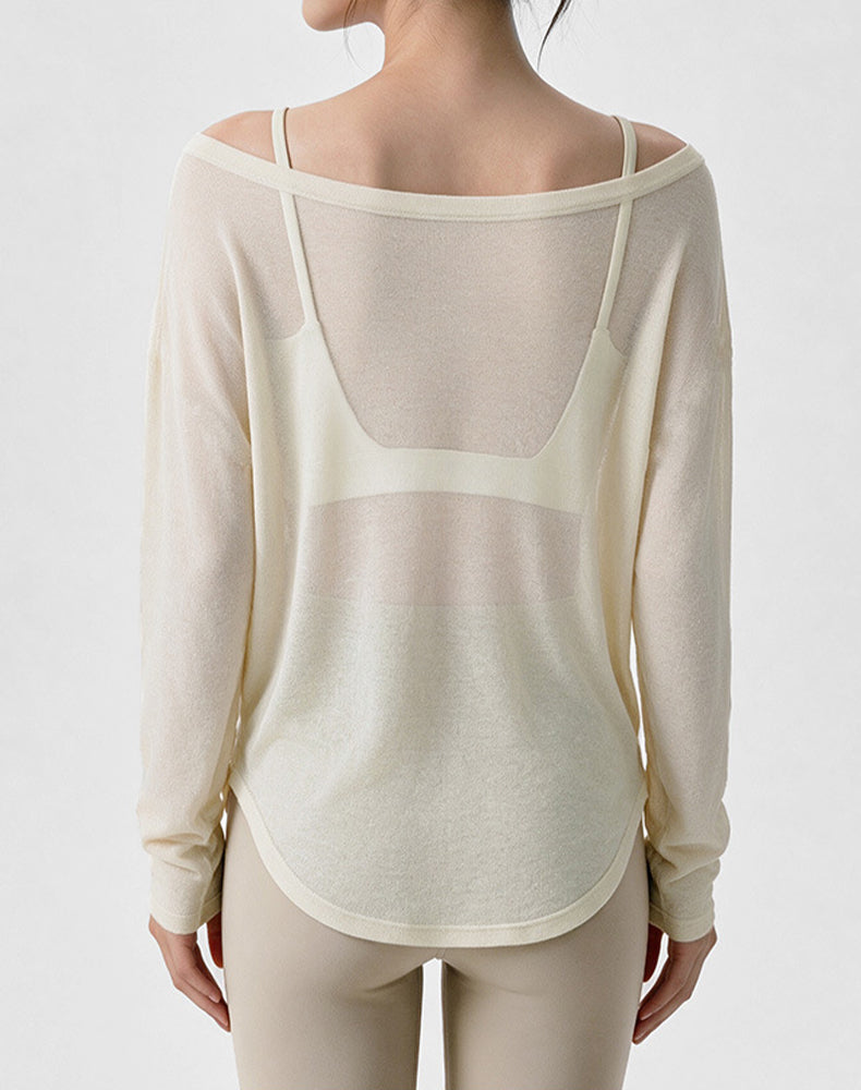 Off Shoulder Long Sleeve Sheer Mesh Yoga Tops