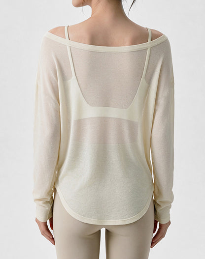 Off Shoulder Long Sleeve Sheer Mesh Yoga Tops