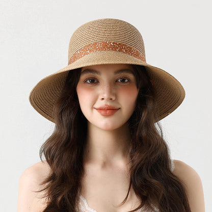 Summer Beach Sun Protection Straw Hat with Floral Bowknot