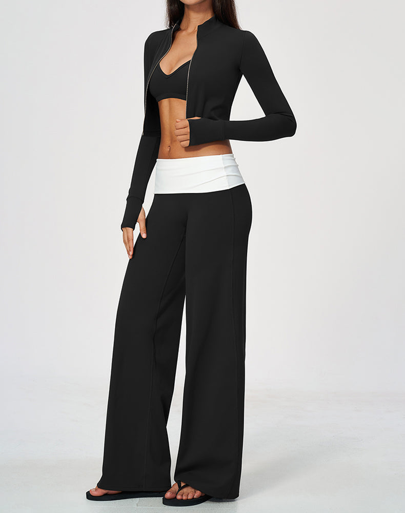 3 Piece Sports Bra Cropped Jacket and Fold Over Flare Pant