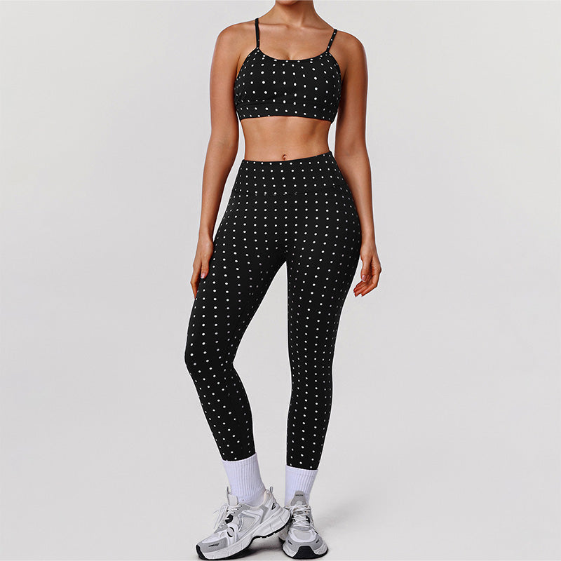 Silver Polka Dot Activewear Sets with Sports Bra and Legging