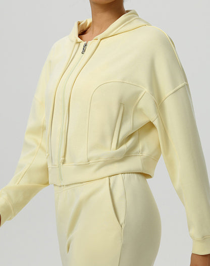 Long Sleeve Hooded Zip Up Casual Crop Coat with Pockets