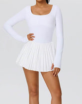 Long Sleeve Pleated Tennis Dress with Short and Pocket
