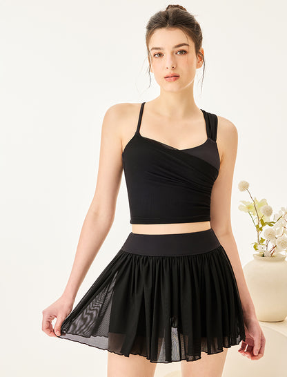 Mesh Tennis Set with Asymmetrical Strap Tank Top and Skirt