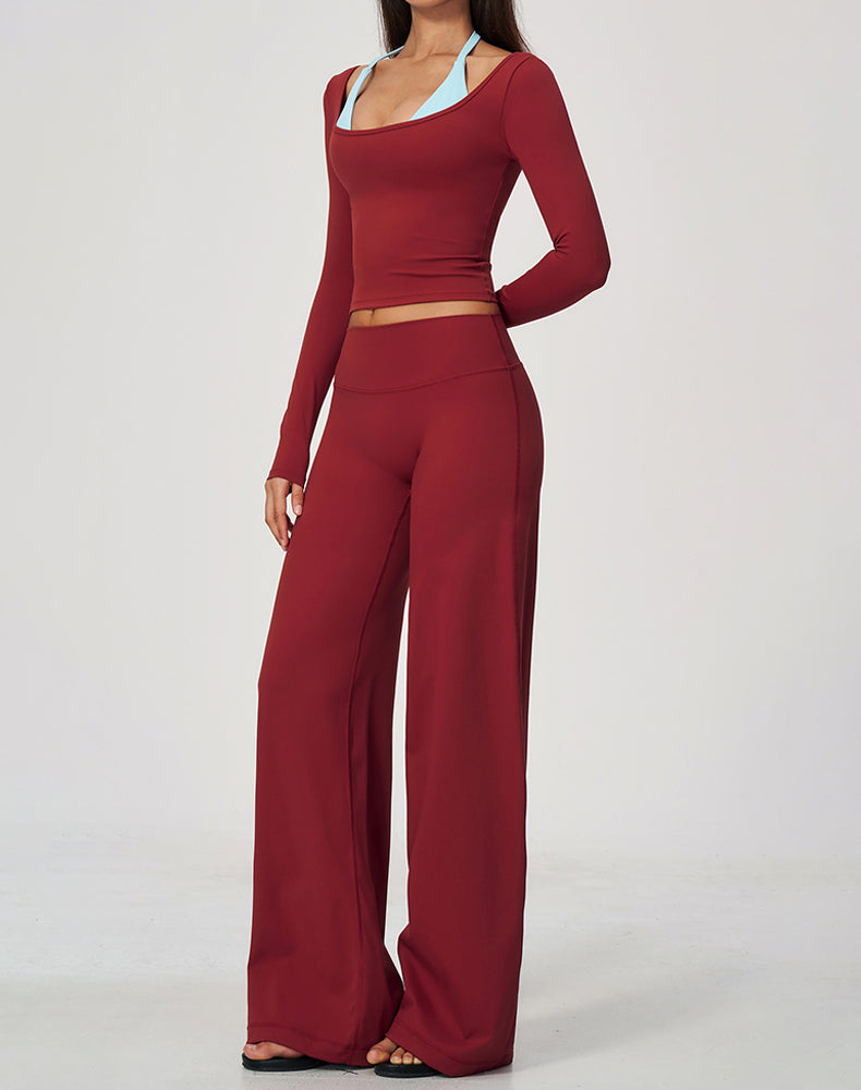 2 Piece Long Sleeve Sports T-Shirt and Wide Leg Pant