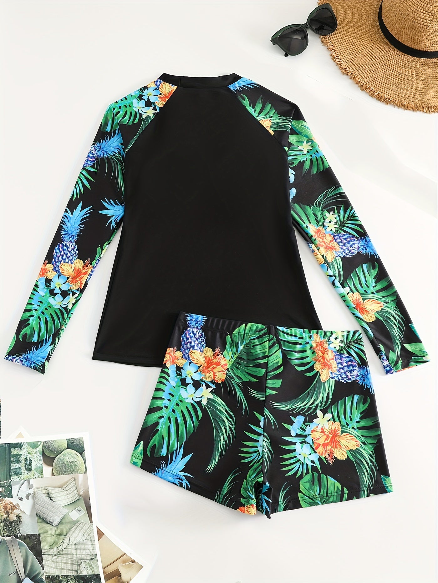 Tropical Chic Long Sleeve Patchwork Tankini Set