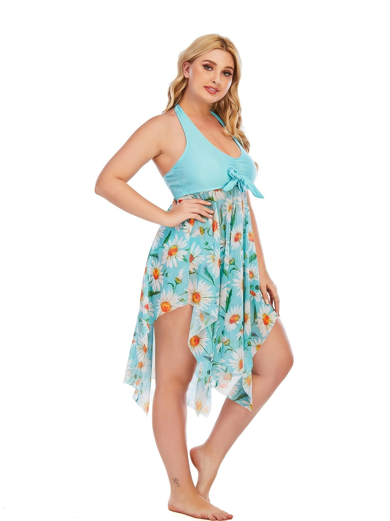 Plus Size Floral Print Irregular Hem Dress &amp; Panty Swimsuit Set