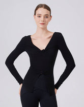 V Neck Twist Knot T-Shirts Long Sleeve Split Slim Fit Tops