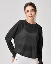 Sheer Long Sleeve Mesh Top Crewneck Loose See Through Blouse