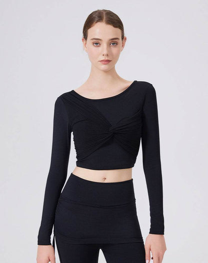 Mesh Twist Front Long Sleeve T-Shirts Round Neck Crop Tops