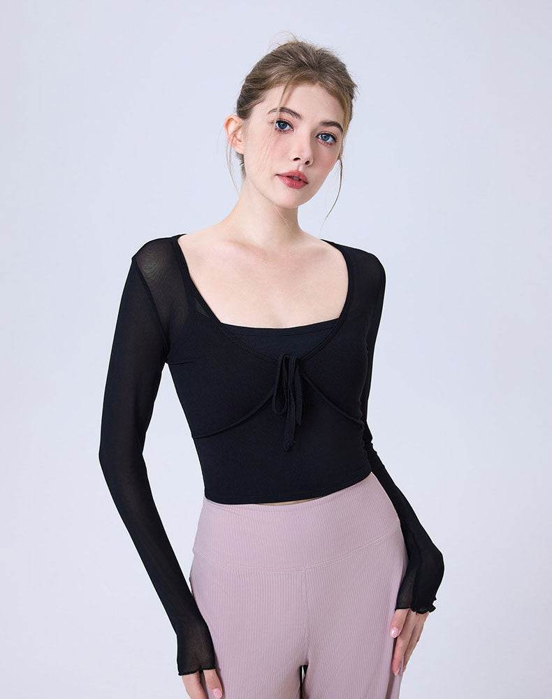 Faux Two Piece Long Sleeve Mesh Crop Top Tie Yoga T-Shirts
