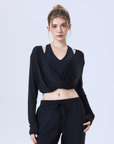 Long Sleeve Fake Two Piece Crop Top V Neck Yoga T-Shirt