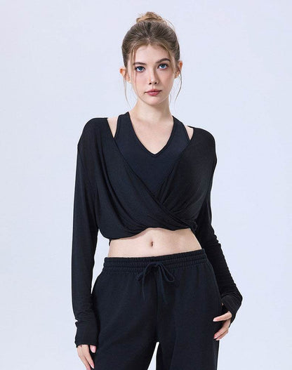 Long Sleeve Fake Two Piece Crop Top V Neck Yoga T-Shirt