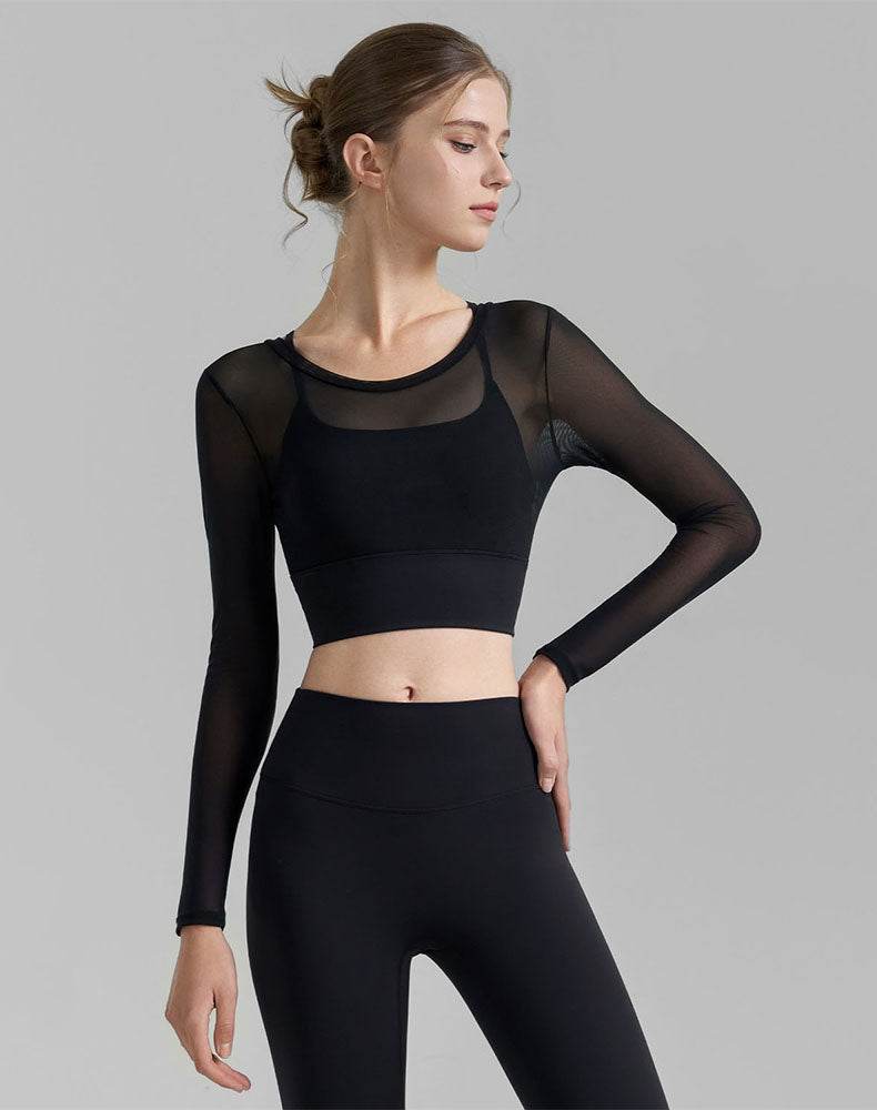 Mesh Long Sleeve Crop Tops V-shaped Cutout Back Yoga T-Shirt