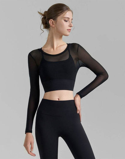 Mesh Long Sleeve Crop Tops V-shaped Cutout Back Yoga T-Shirt