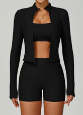 3 Pieces Ribbed Activewear Set with Bra, Jacket and Short