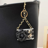 Metal Camellia Flower Mini Diamond Bag Shape Keychain