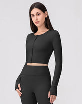 Long Sleeve Button Up Cropped Cardigan Crew Neck Tops