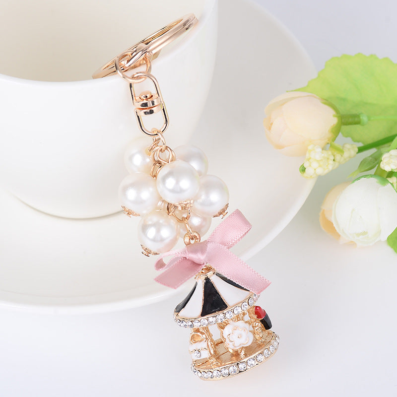 Carousel Bag Keychain with Bow Knot and Pearls Pendant