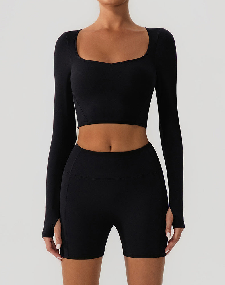 Solid Color Crop Top Yoga Long Sleeve V Neck T-Shirts