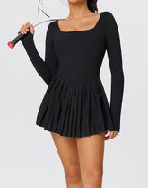 Long Sleeve Pleated Tennis Dress with Short and Pocket