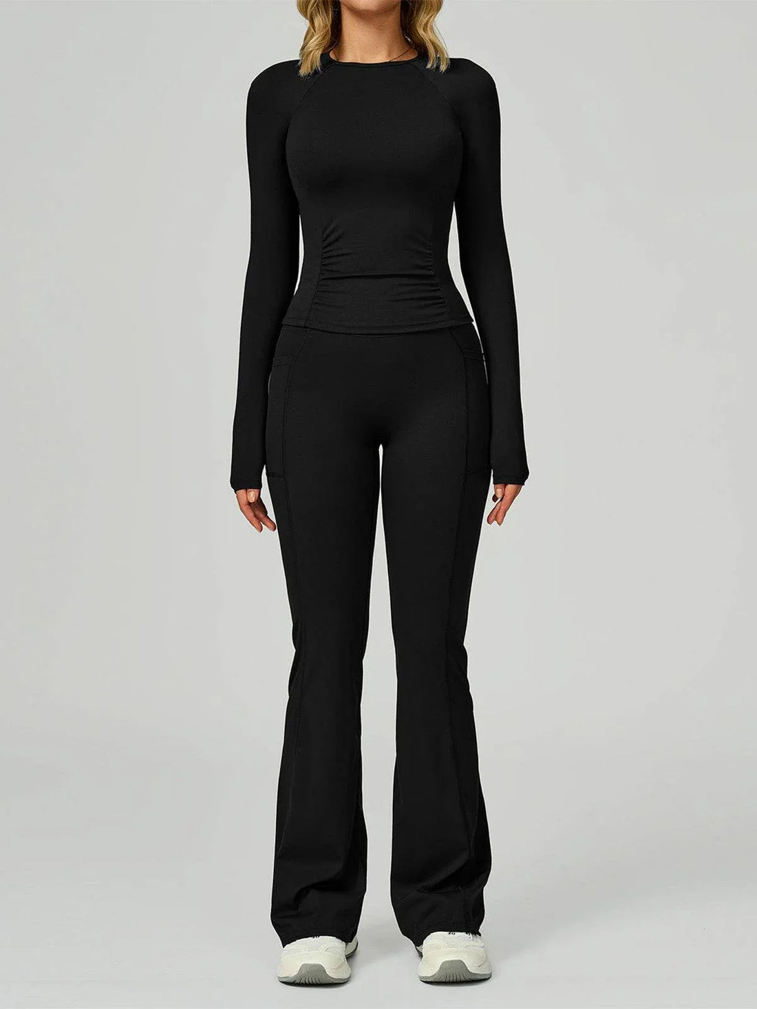Sport Set with Long Sleeve Crew Neck T-Shirt and Flared Pant - Black