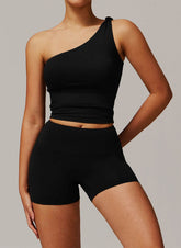 Active Wear Set with One Shoulder Knot Design Tank Top and Shorts