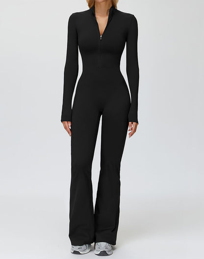 Long Sleeve Flare Workout Jumpsuit Zip Up Wide Leg Bodysuit