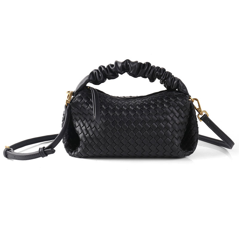 PU Leather Woven Handbag with Pleated Mushroom Edge