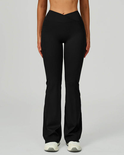 Cross Waist Yoga Flared Pants with Pockets
