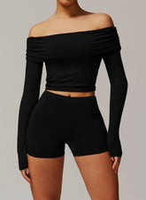 Active Wear Set with Long Sleeve Off Shoulder Crop Top and Shorts