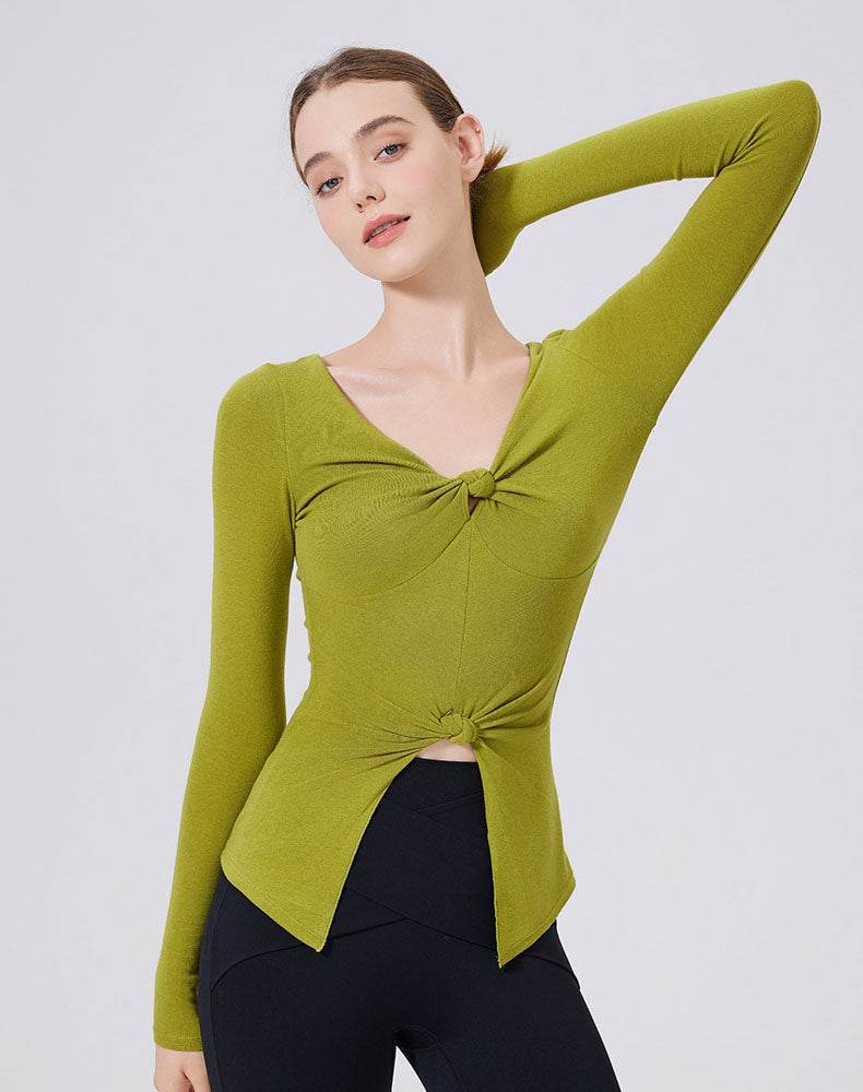 V Neck Twist Knot T-Shirts Long Sleeve Split Slim Fit Tops