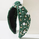 Classic Tweed Fabric Knotted Headband with Pearl and Rhinestone