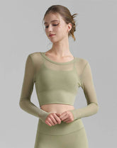 Mesh Long Sleeve Crop Tops V-shaped Cutout Back Yoga T-Shirt