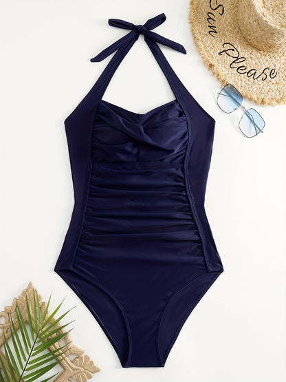 Ruched Halter Backless One-Piece Swimsuit - Create Sexy Silhouette