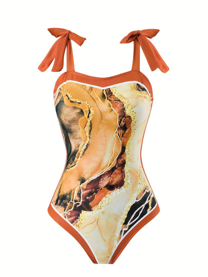 Chic Brown Marble Print Swimsuit Set