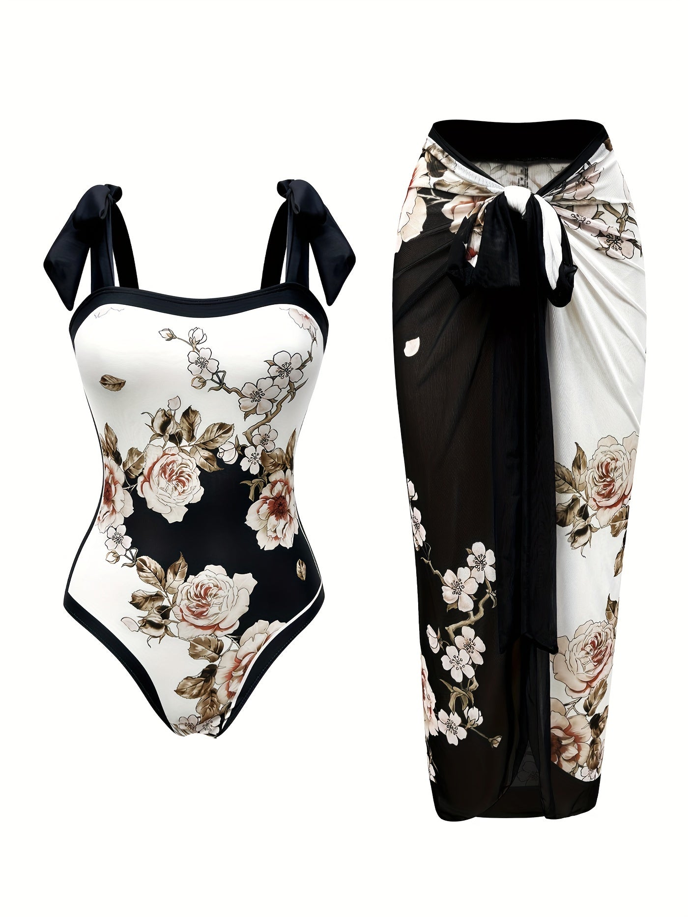 Floral Pattern 2 Piece Swimsuits with Bow Tie Shoulder Straps One-piece Bathing-suit &amp; Cover Up Skirt