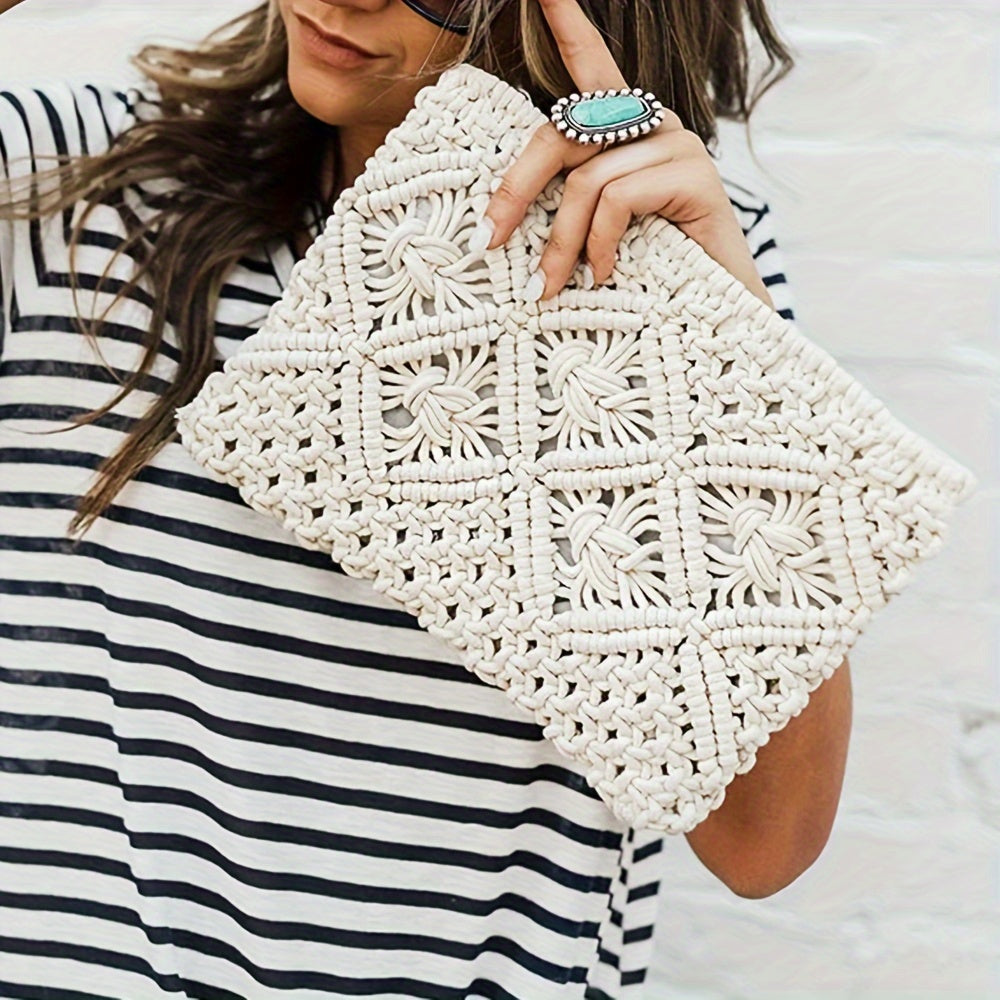 Geometric Print Fabric Straw Woven Clutch Bag