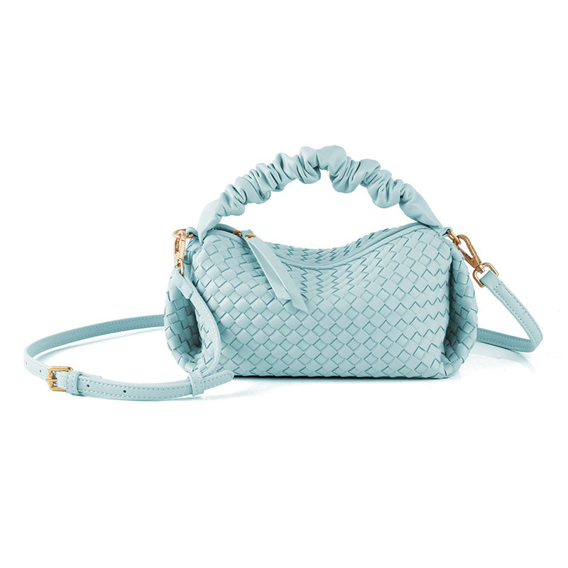 PU Leather Woven Handbag with Pleated Mushroom Edge