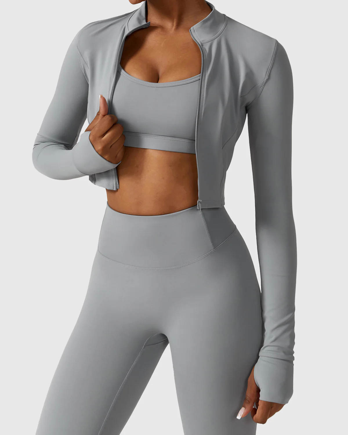 3 Pieces Workout Sets with Full Length Leggings, Scoop Neck Bra and Jacket