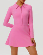 Long Sleeve Zip Polo Collar Tennis Dress with Built in Short