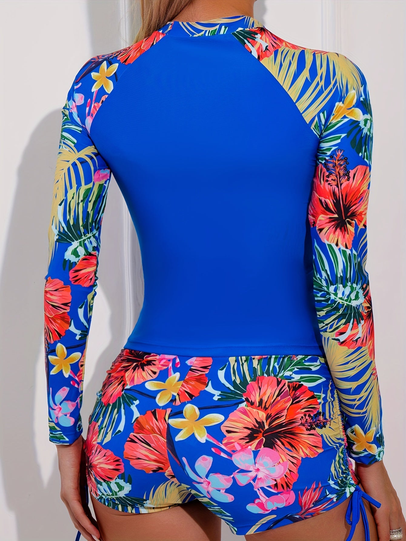 2-Piece Blue Floral Long Sleeve Swimsuit