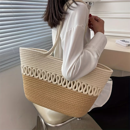 Khaki Beach Straw Tote Bag