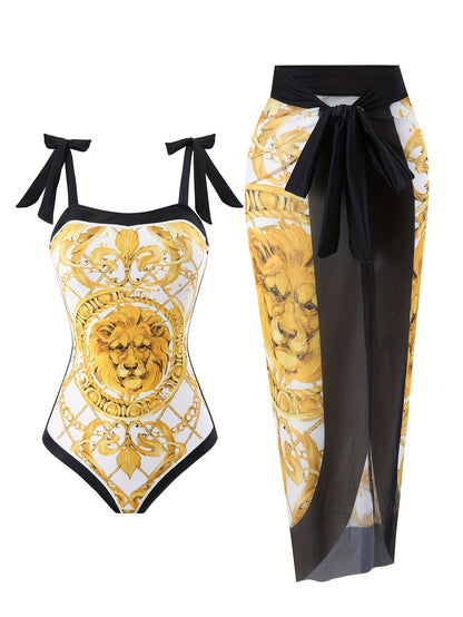 Golden Lion Motif One-Piece with Bowknot Shoulders &amp; Sheer Mesh Skirt